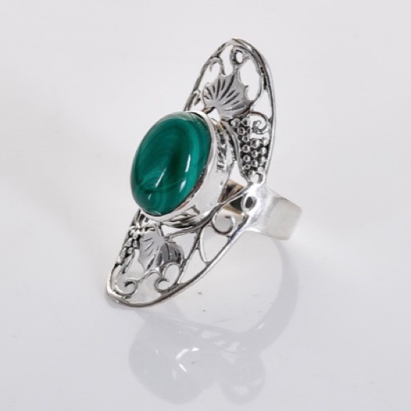The Coco Brand & Co. Jewelry - Natural Malachite Gem Stone Boho 925 Silver Ring 7 💍 Cottage Core Vintage Style